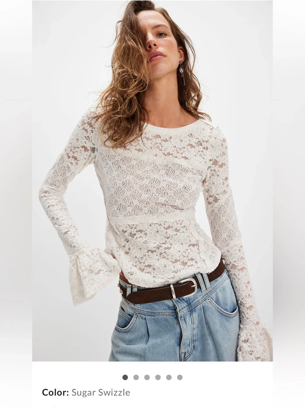 Free People Sheer Lace Flared Long Sleeve Top in Sugar Swizzle